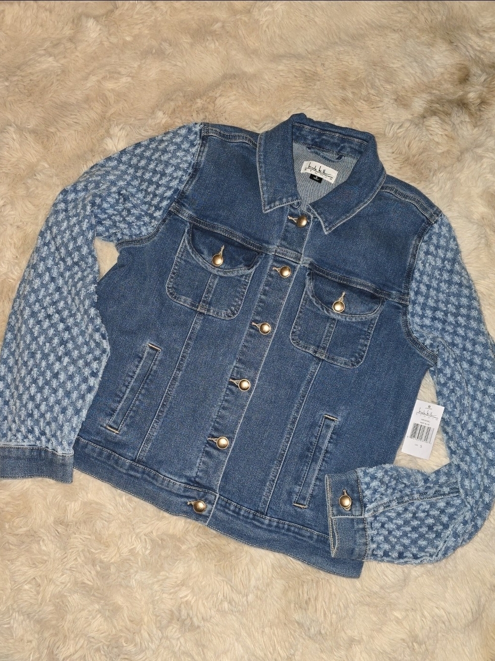 Nicole Miller Blue Denim Jacket with Patterned Light-Blue Sleeves